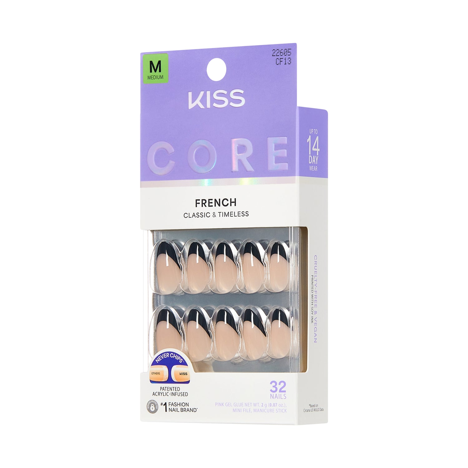 KISS CORE French Tip Press On Nails Almond, ‘Full of Fun’, Black, Medium, 32 Count