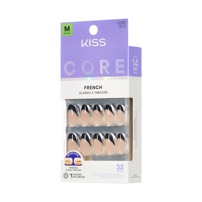 KISS CORE French Tip Press On Nails Almond, ‘Full of Fun’, Black, Medium, 32 Count