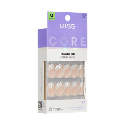 KISS CORE Magnetic Press On Nails Almond, ‘Patchouli’, Silver, Medium Length, 32 Count