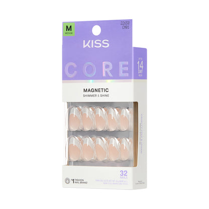 KISS CORE Magnetic Press On Nails Almond, ‘Patchouli’, Silver, Medium Length, 32 Count