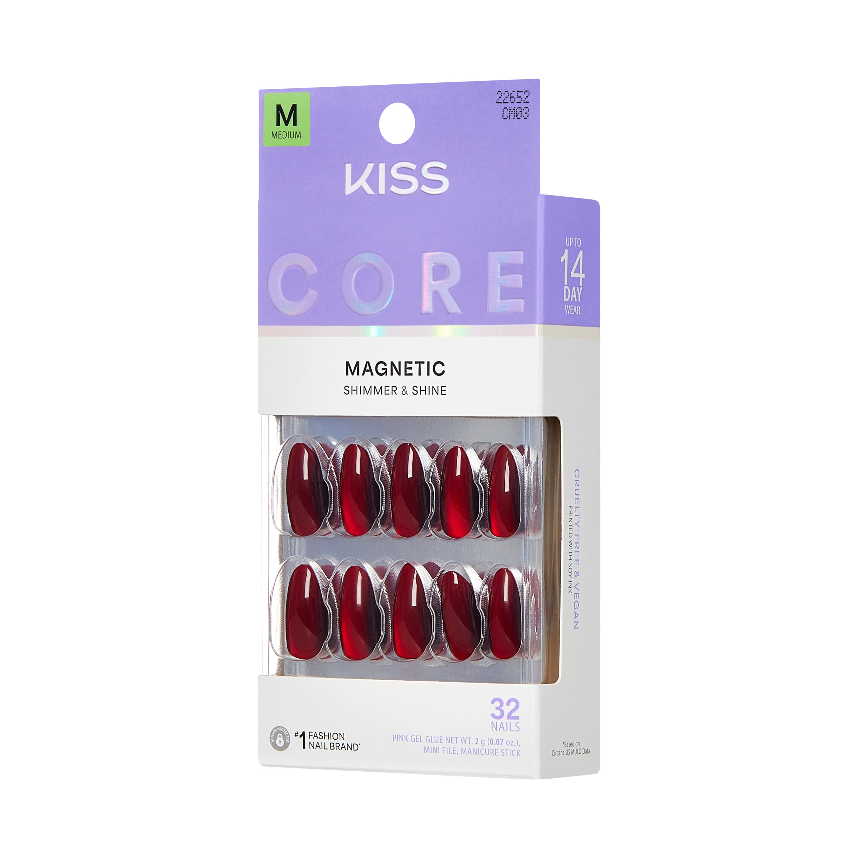 KISS CORE Magnetic Press On Nails Almond, ‘Apple Blossom’, Red, Medium Length, 32 Count
