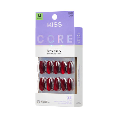 KISS CORE Magnetic Press On Nails Almond, ‘Apple Blossom’, Red, Medium Length, 32 Count