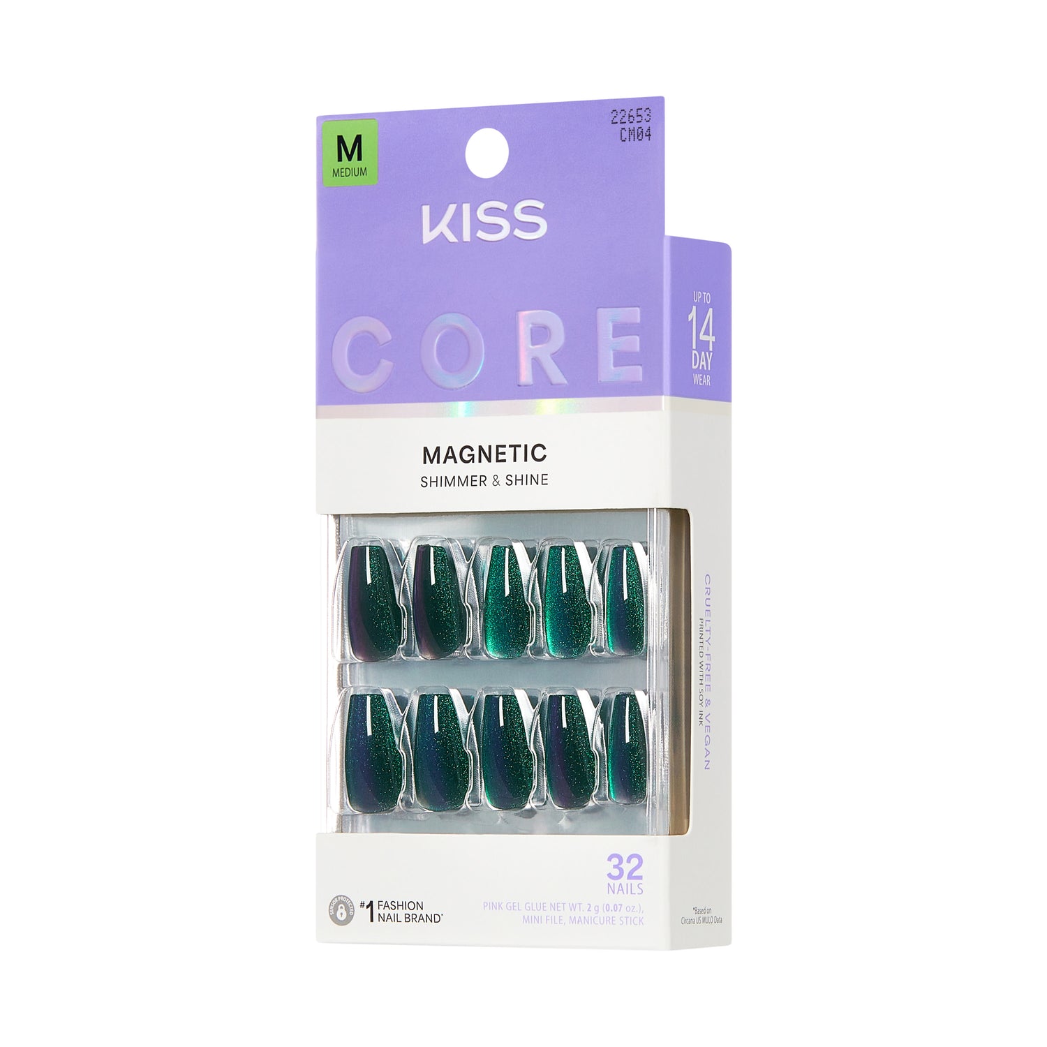 KISS CORE Magnetic Press On Nails, ‘Shimmering’, Green, Medium Coffin, 32 Count