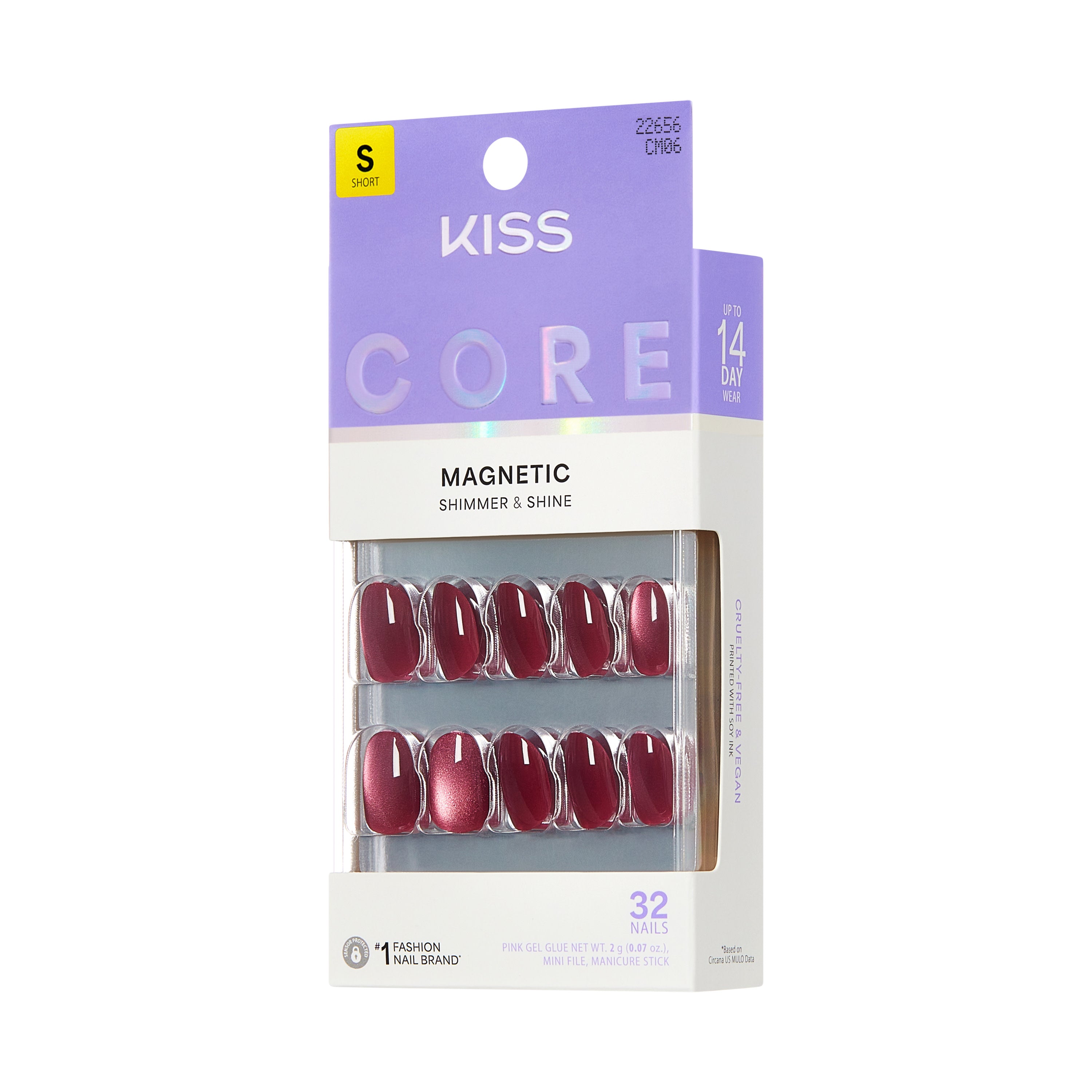 KISS CORE Magnetic Press On Nails, ‘Flaming’, Berry, Short Round, 32 Count