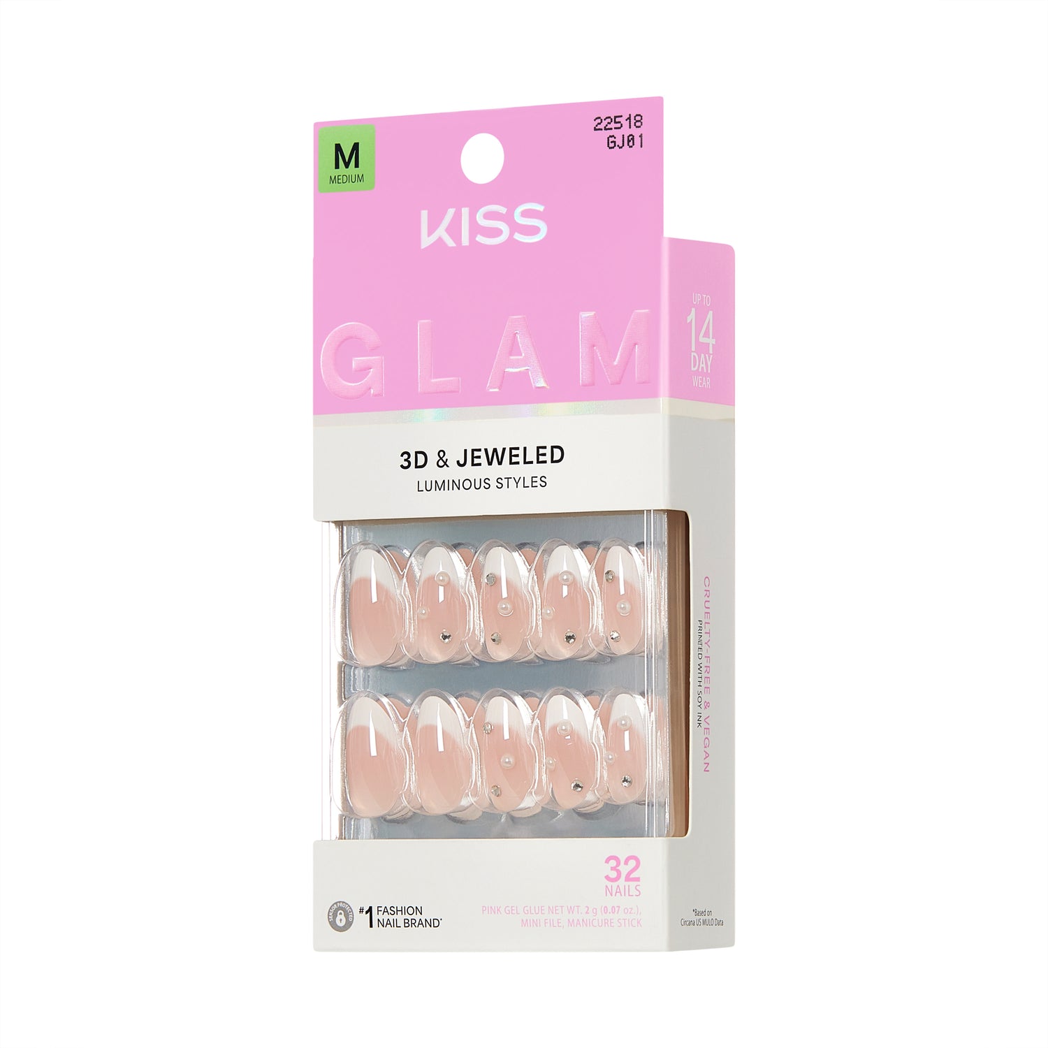 KISS GLAM 3D &amp; Jeweled Press On Nails Almond, ‘Serendipity Awaits’, Neutral, Medium, 32 Count
