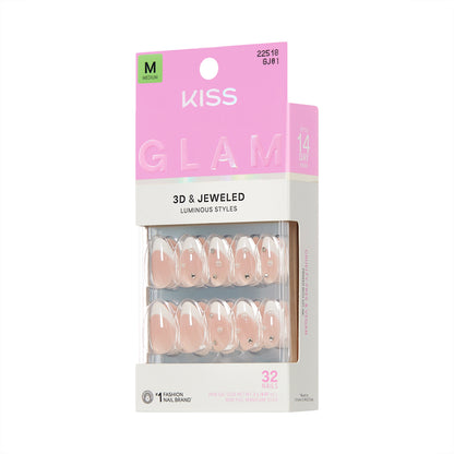 KISS GLAM 3D &amp; Jeweled Press On Nails Almond, ‘Serendipity Awaits’, Neutral, Medium, 32 Count
