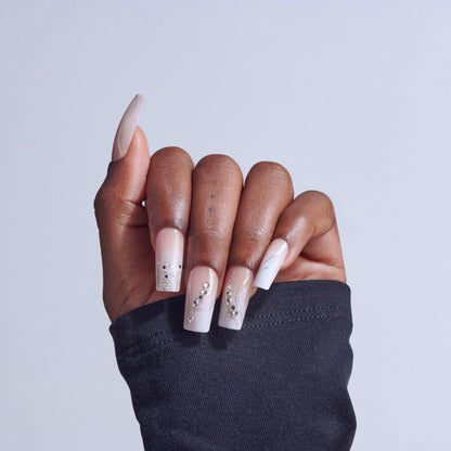 KISS GLAM 3D &amp; Jeweled Press On Nails , ‘Wrapped in Beauty’, Neutral, Long Square, 32 Count