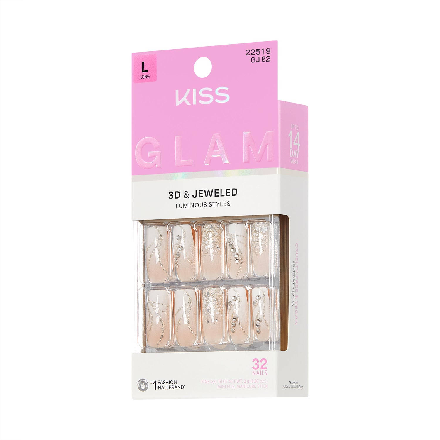 KISS GLAM 3D &amp; Jeweled Press On Nails , ‘Wrapped in Beauty’, Neutral, Long Square, 32 Count