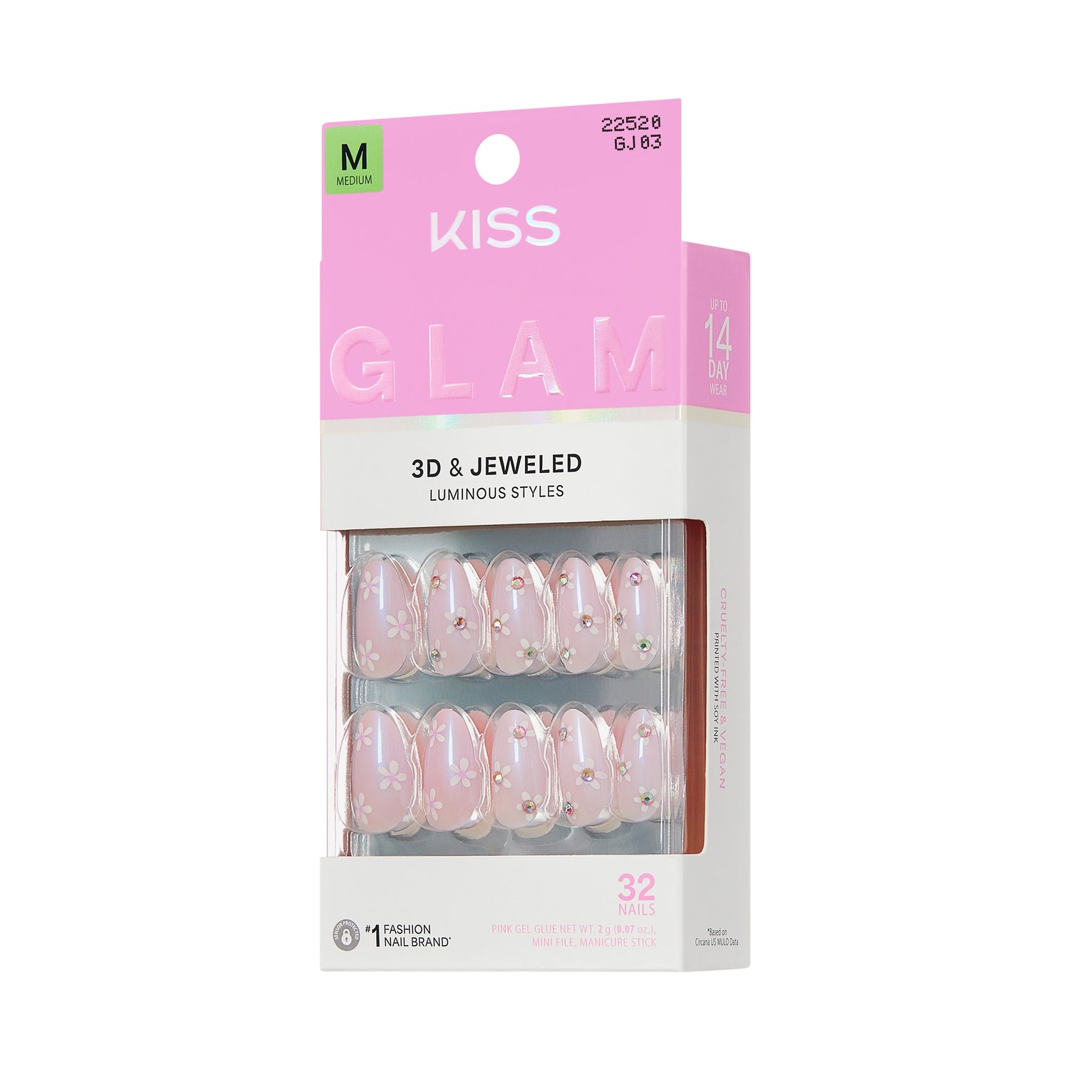 KISS GLAM 3D &amp; Jeweled Press On Nails  Almond, ‘Breeze of Bliss’, Pink, Medium, 32 Count