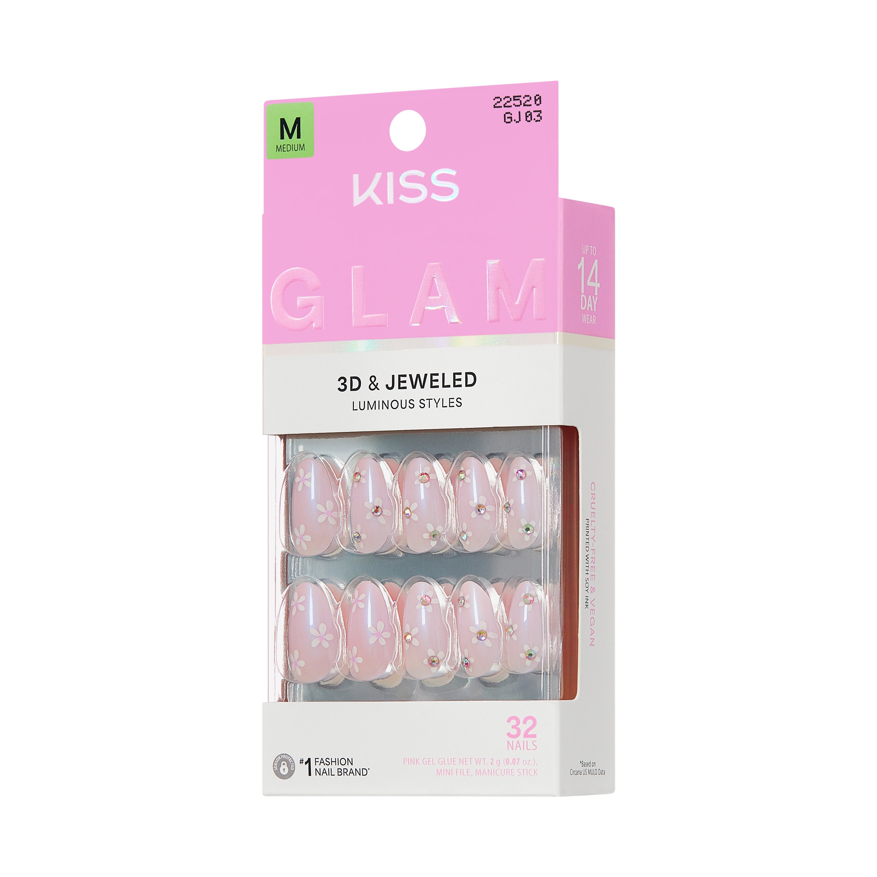 KISS GLAM 3D &amp; Jeweled Press On Nails  Almond, ‘Breeze of Bliss’, Pink, Medium, 32 Count