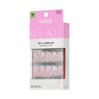 KISS GLAM 3D &amp; Jeweled Press On Nails  Almond, ‘Breeze of Bliss’, Pink, Medium, 32 Count
