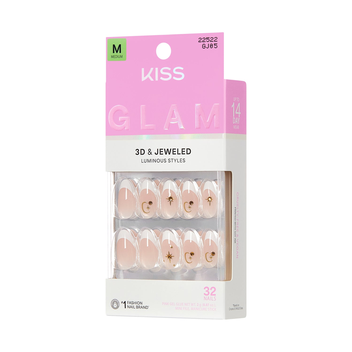 KISS GLAM 3D &amp; Jeweled Press On Nails  Almond, ‘Zephyr’, Neutral, Medium Length, 32 Count