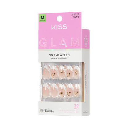 KISS GLAM 3D &amp; Jeweled Press On Nails  Almond, ‘Zephyr’, Neutral, Medium Length, 32 Count