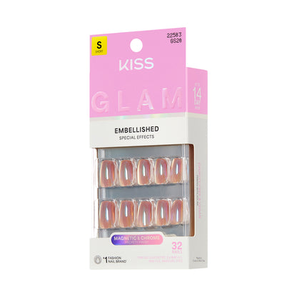 KISS GLAM Embellished Press On Nails, ‘Golden Hour Affairs’, Beige, Short Squoval, 32 Count