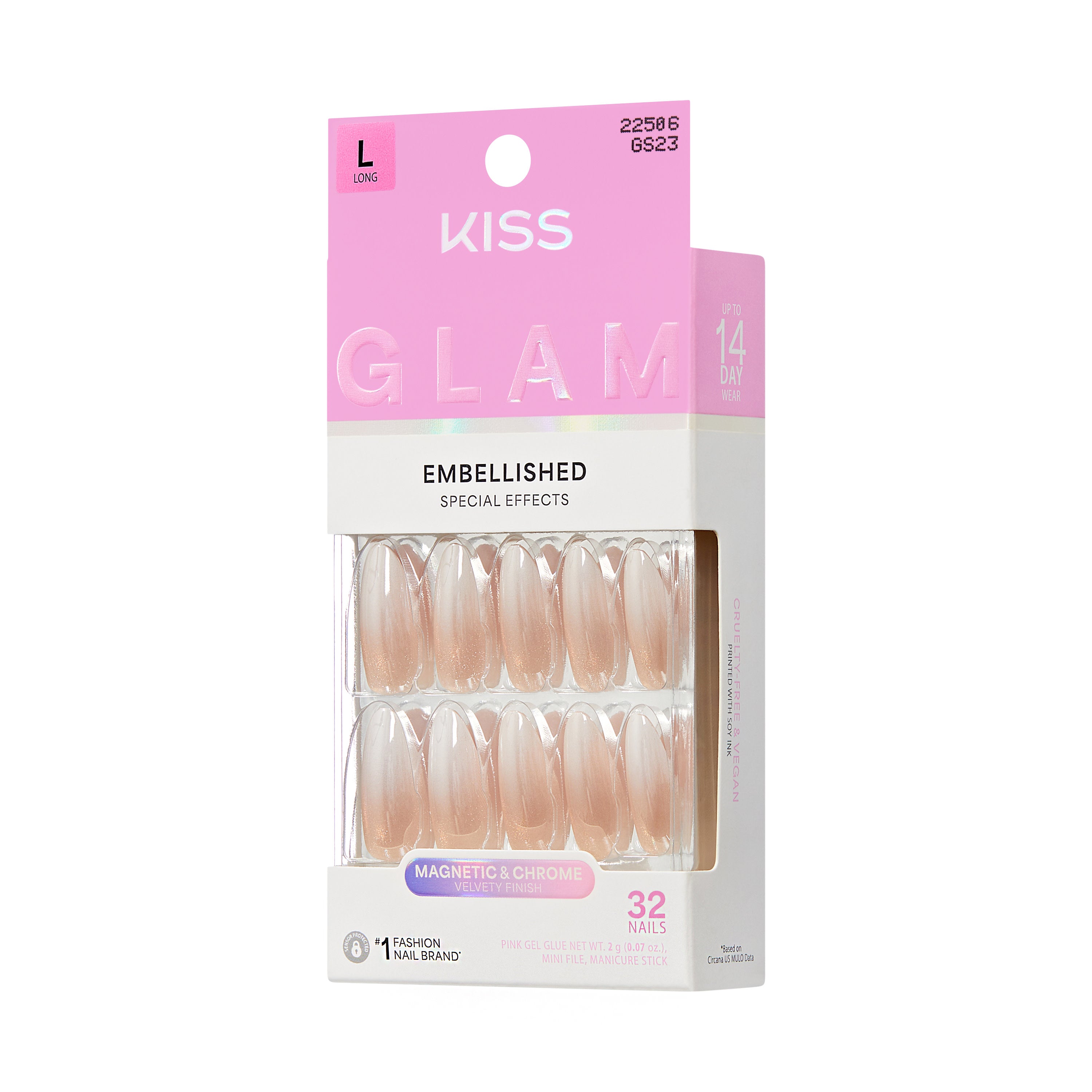 KISS GLAM Embellished Press On Nails Almond, ‘Day n Night’, Beige, Long Length, 32 Count