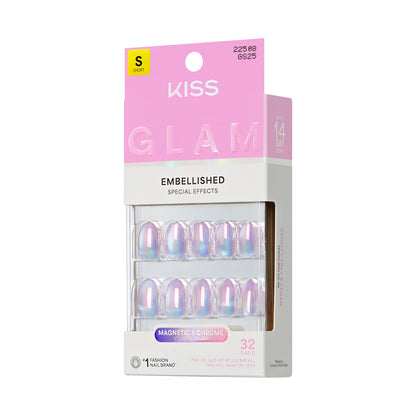 KISS GLAM Embellished Press On Nails, ‘One n Only’, Pink, Short Round, 32 Count