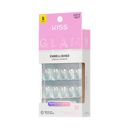 KISS GLAM Embellished Press On Nails, ‘Celestique’, Blue, Short Round, 32 Count