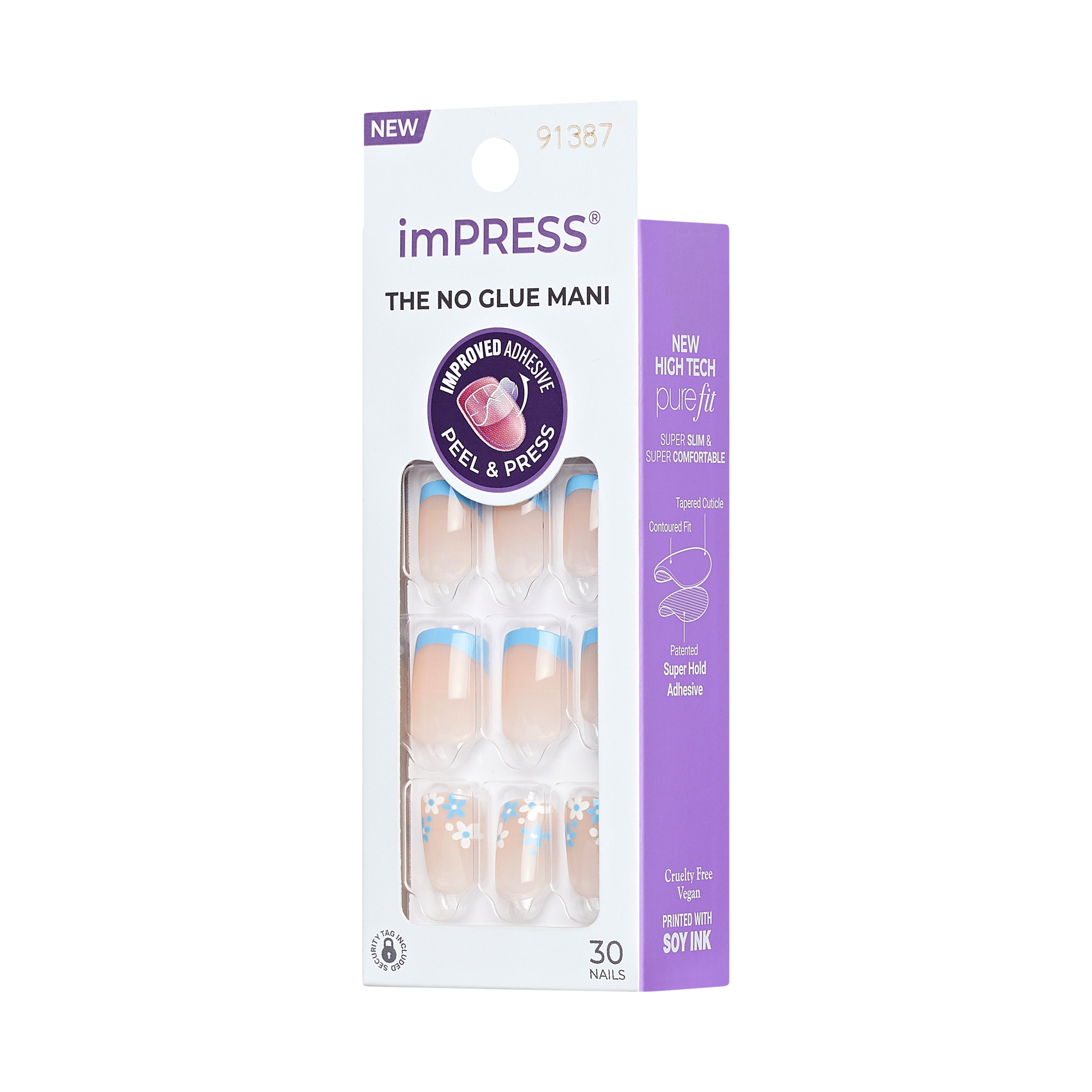 imPRESS Modern French Tip Press On Nails, No Glue Needed, Blue Tips, Short Square, 30 Ct.