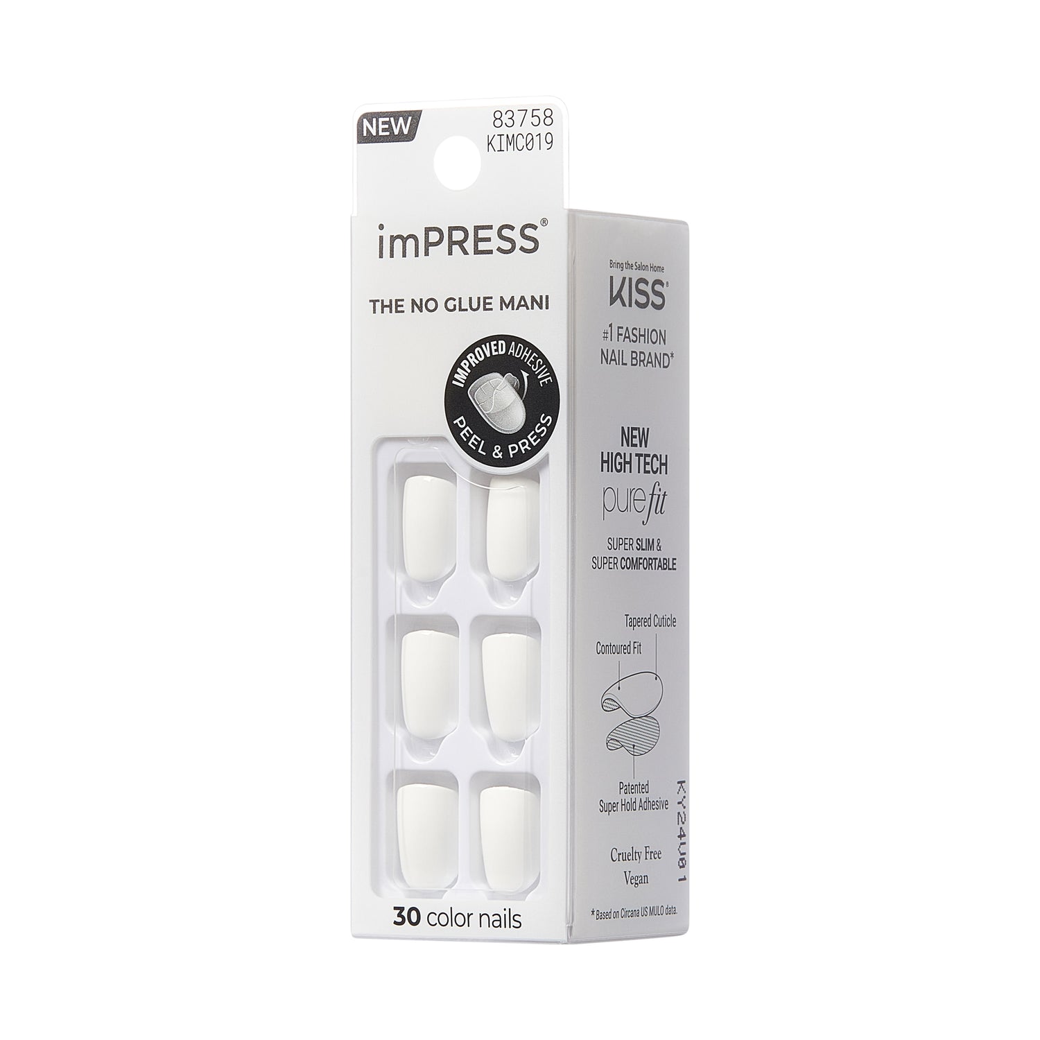 imPRESS Color Press On Nails, No Glue Needed, White, Short Squoval, 30 Ct.