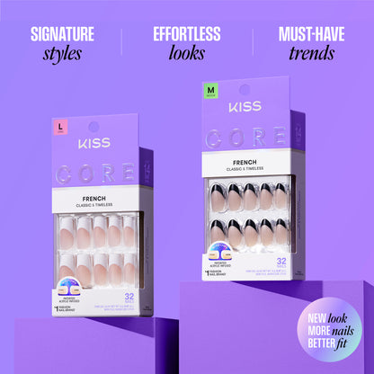 KISS CORE French Tip Press On Nails, ‘Your Moment’, White, Real Short Squoval, 32 Count