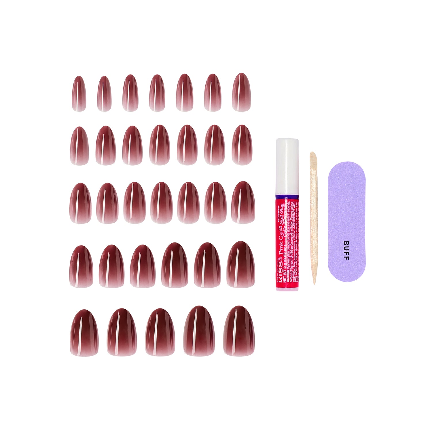 KISS CORE Color Press On Nails Almond, ‘Pinot Noir’, Burgandy, Medium, 32 Count