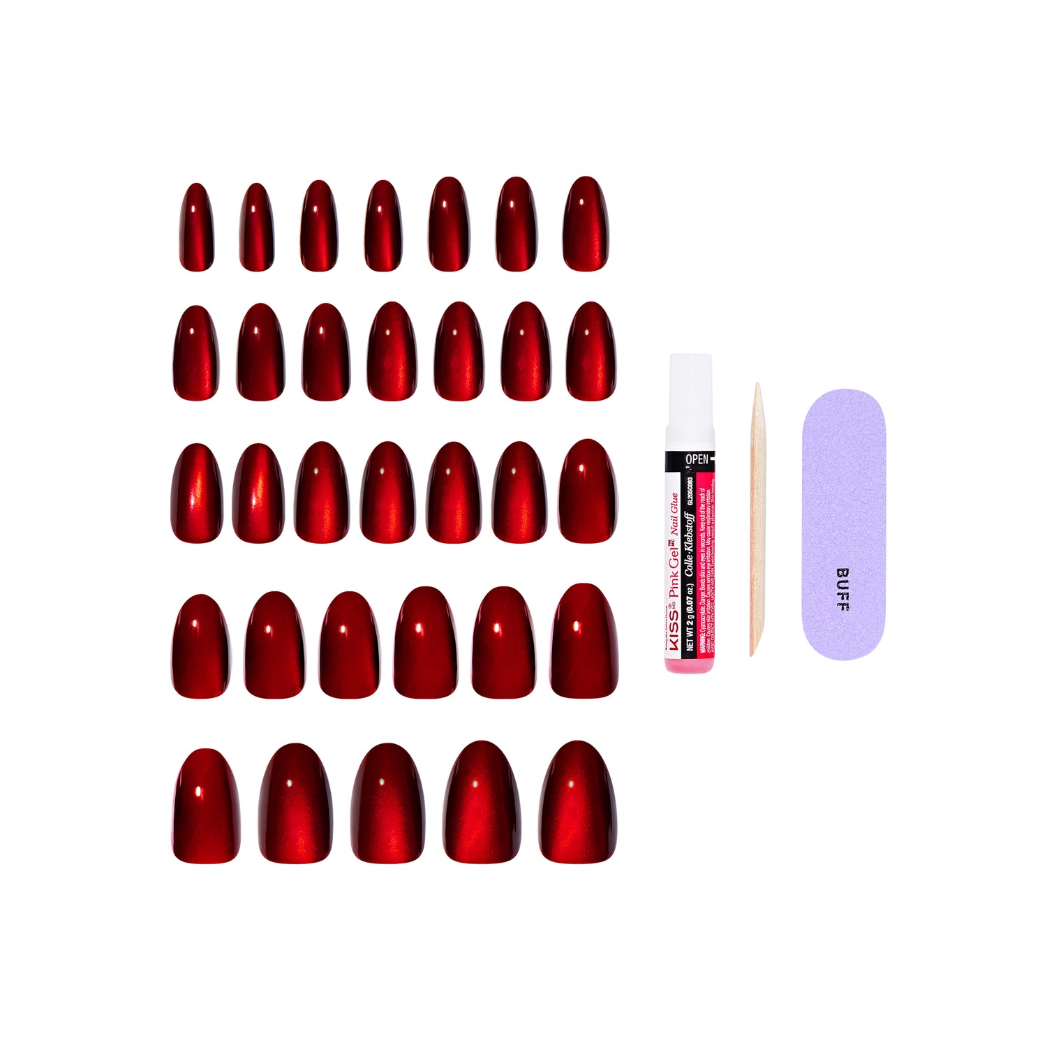 KISS CORE Magnetic Press On Nails Almond, ‘Apple Blossom’, Red, Medium Length, 32 Count