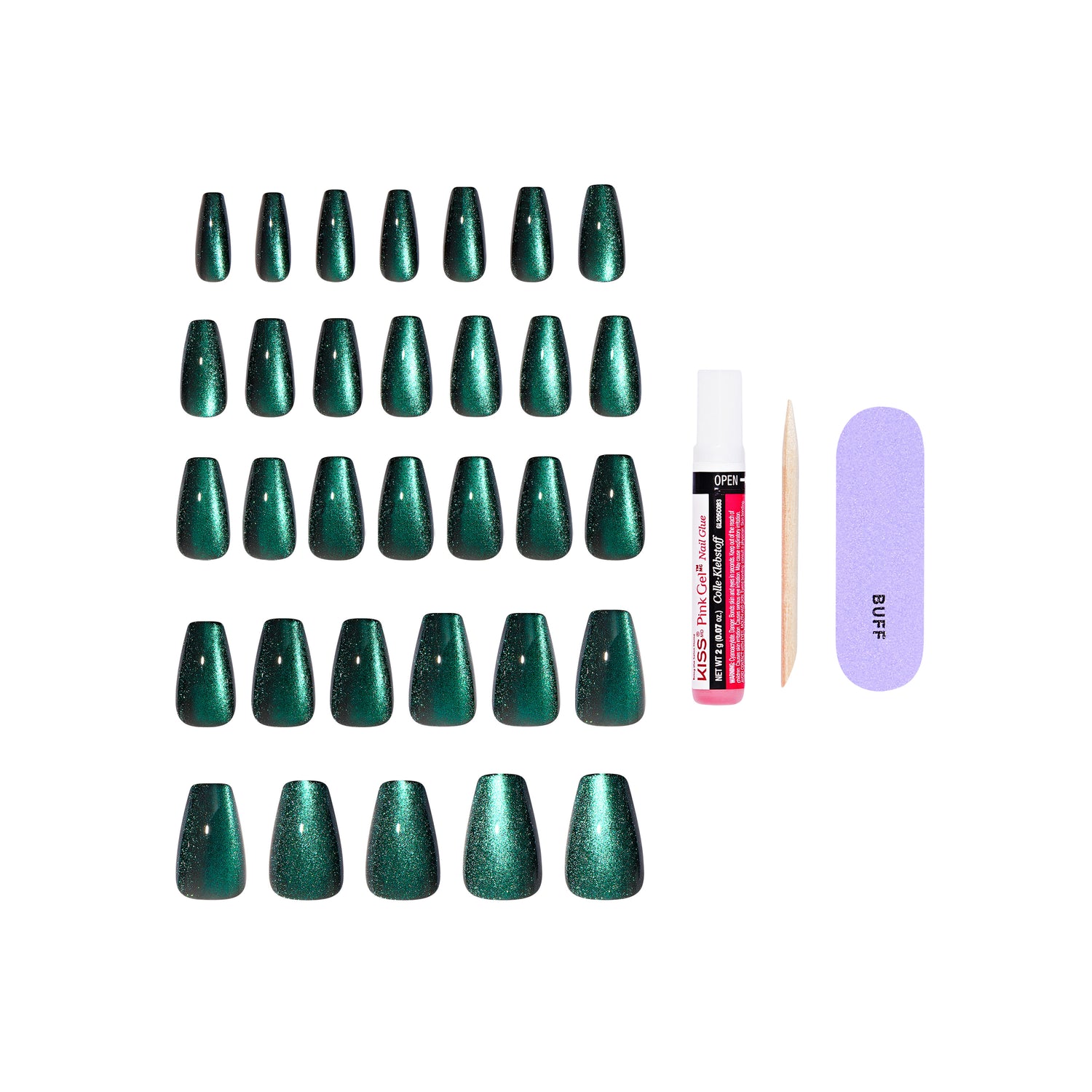 KISS CORE Magnetic Press On Nails, ‘Shimmering’, Green, Medium Coffin, 32 Count