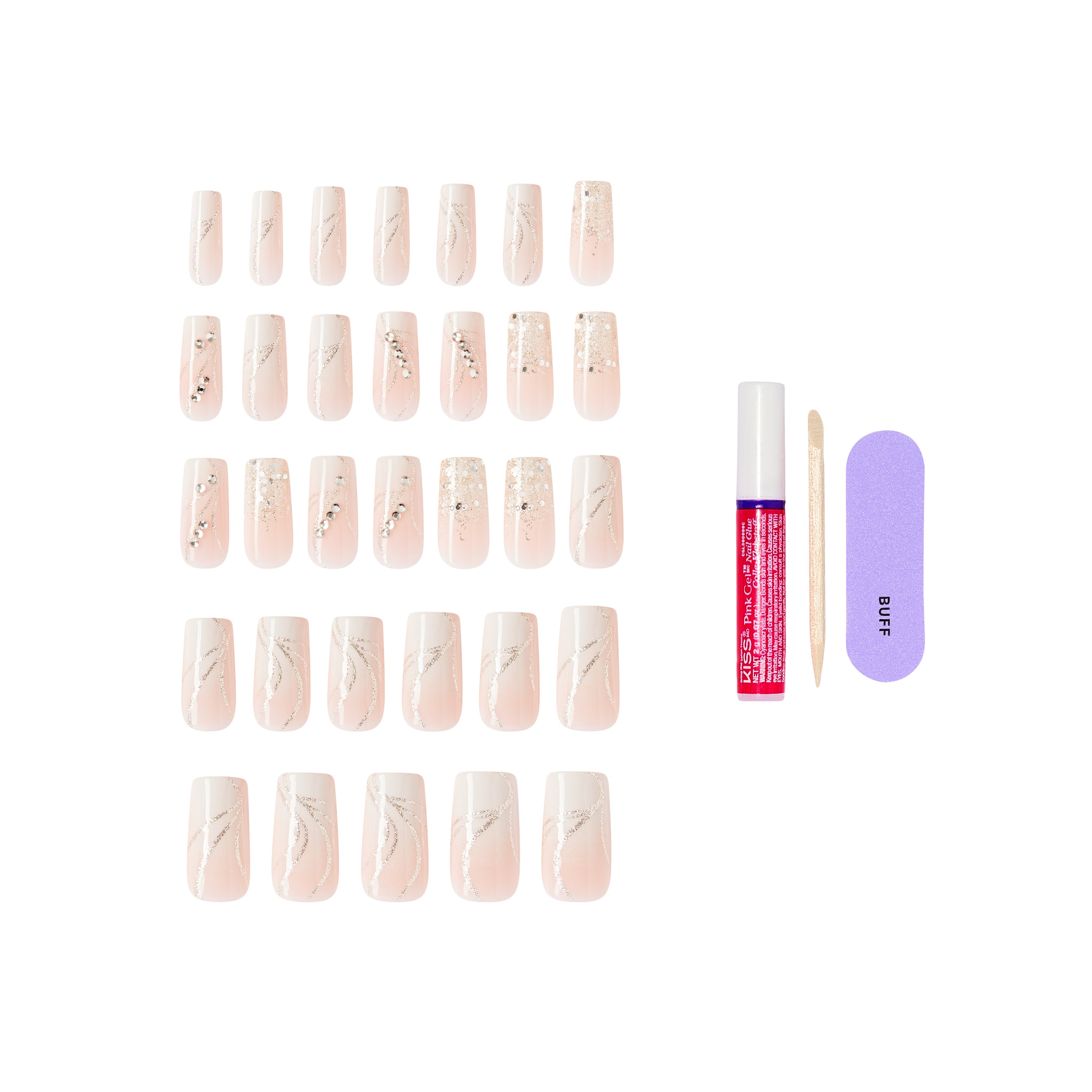 KISS GLAM 3D &amp; Jeweled Press On Nails , ‘Wrapped in Beauty’, Neutral, Long Square, 32 Count