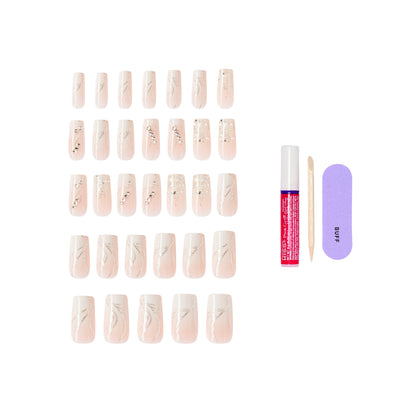 KISS GLAM 3D &amp; Jeweled Press On Nails , ‘Wrapped in Beauty’, Neutral, Long Square, 32 Count