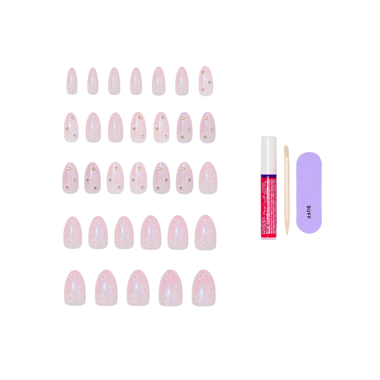 KISS GLAM 3D &amp; Jeweled Press On Nails  Almond, ‘Breeze of Bliss’, Pink, Medium, 32 Count