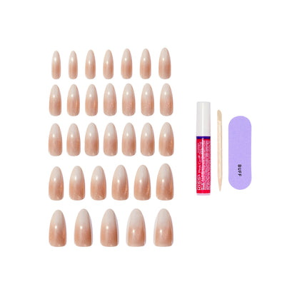 KISS GLAM Embellished Press On Nails Almond, ‘Day n Night’, Beige, Long Length, 32 Count