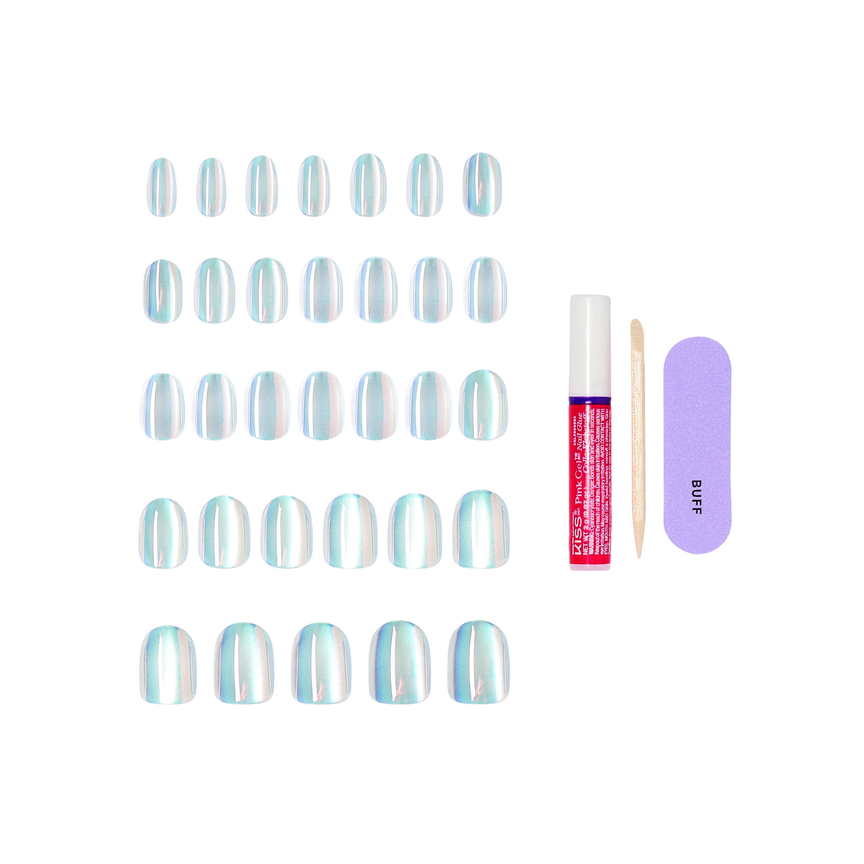 KISS GLAM Embellished Press On Nails, ‘Celestique’, Blue, Short Round, 32 Count