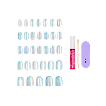 KISS GLAM Embellished Press On Nails, ‘Celestique’, Blue, Short Round, 32 Count