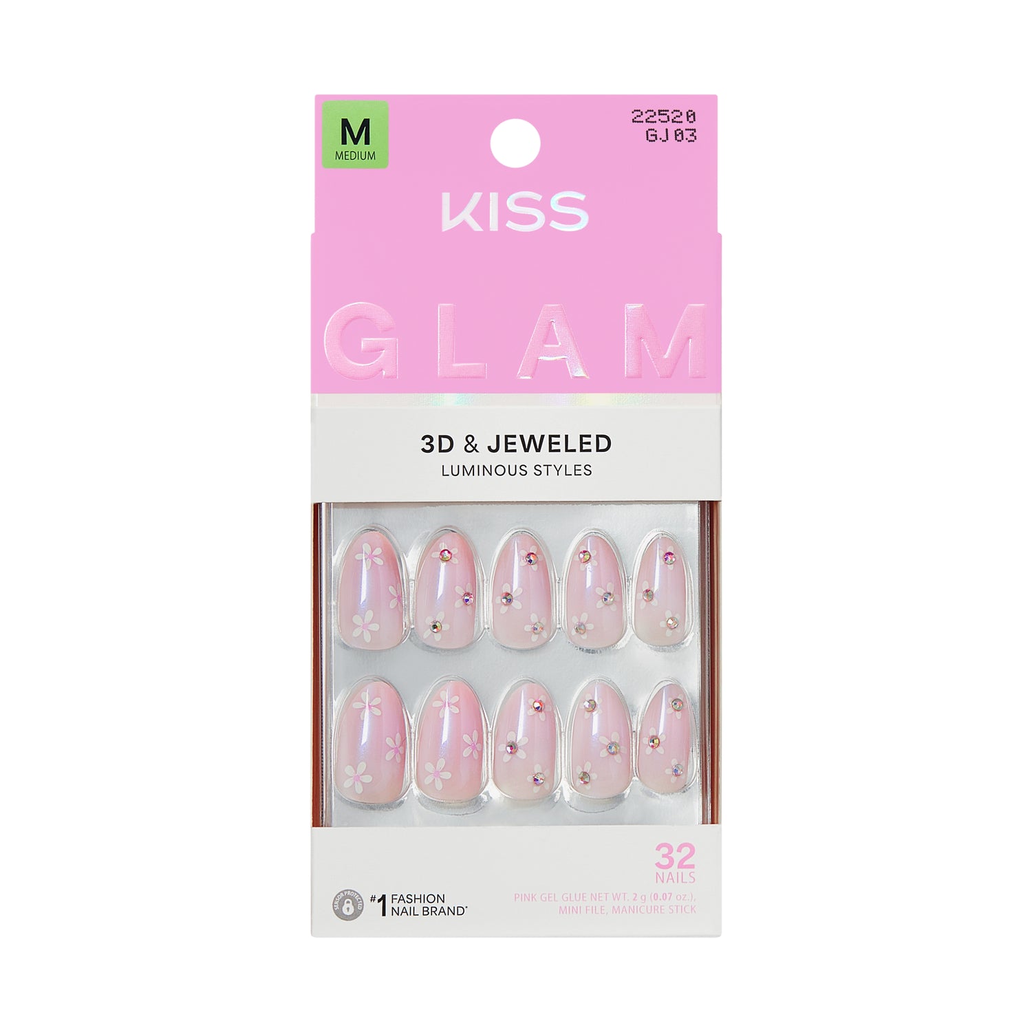 KISS GLAM 3D &amp; Jeweled Press On Nails  Almond, ‘Breeze of Bliss’, Pink, Medium, 32 Count