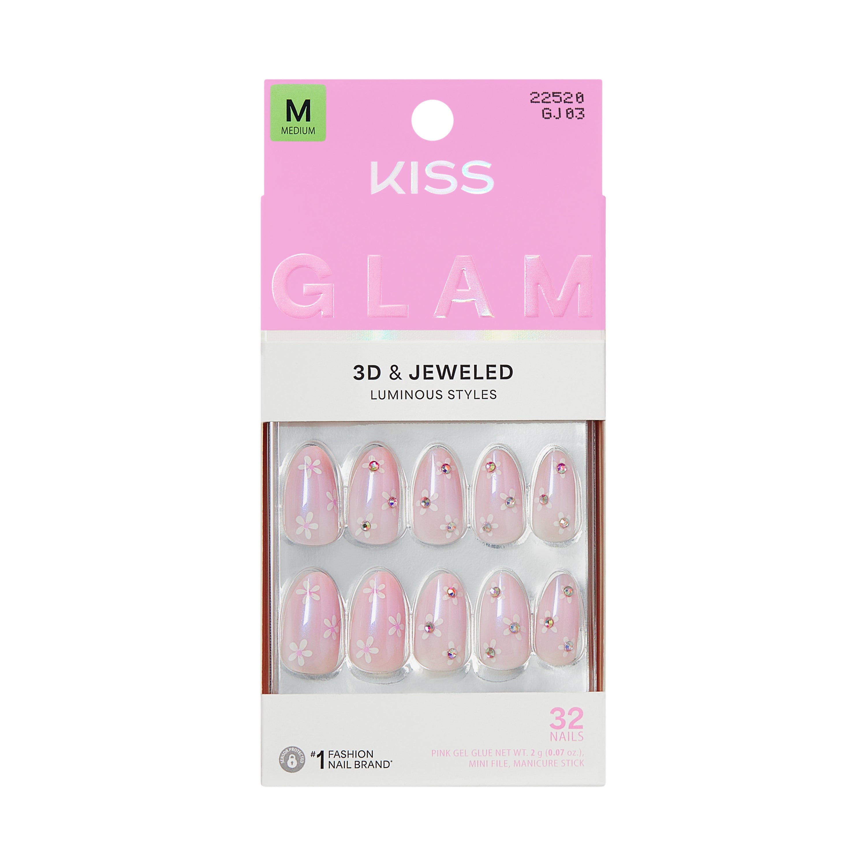 KISS GLAM 3D &amp; Jeweled Press On Nails  Almond, ‘Breeze of Bliss’, Pink, Medium, 32 Count