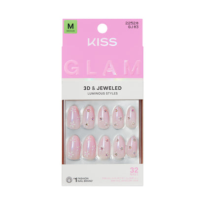 KISS GLAM 3D &amp; Jeweled Press On Nails  Almond, ‘Breeze of Bliss’, Pink, Medium, 32 Count
