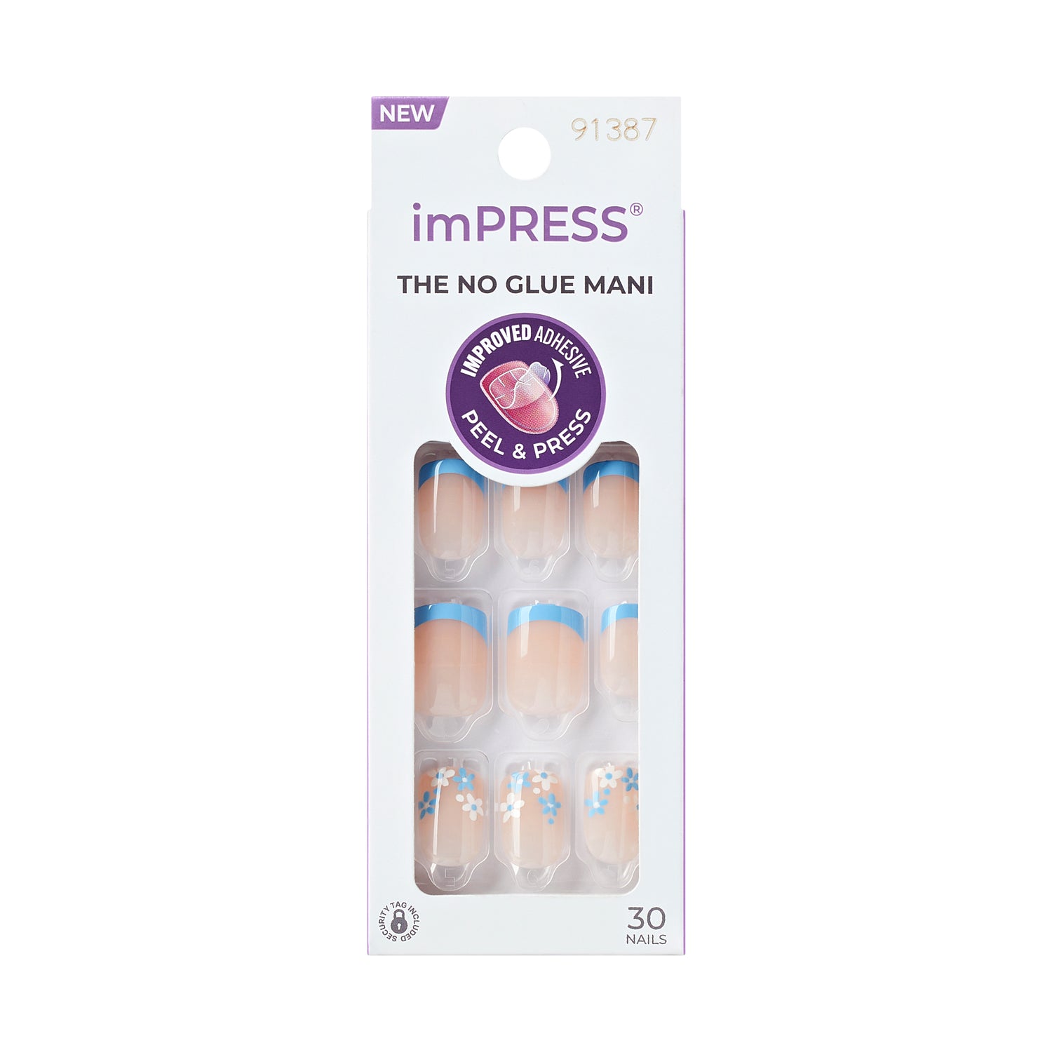 imPRESS Modern French Tip Press On Nails, No Glue Needed, Blue Tips, Short Square, 30 Ct.