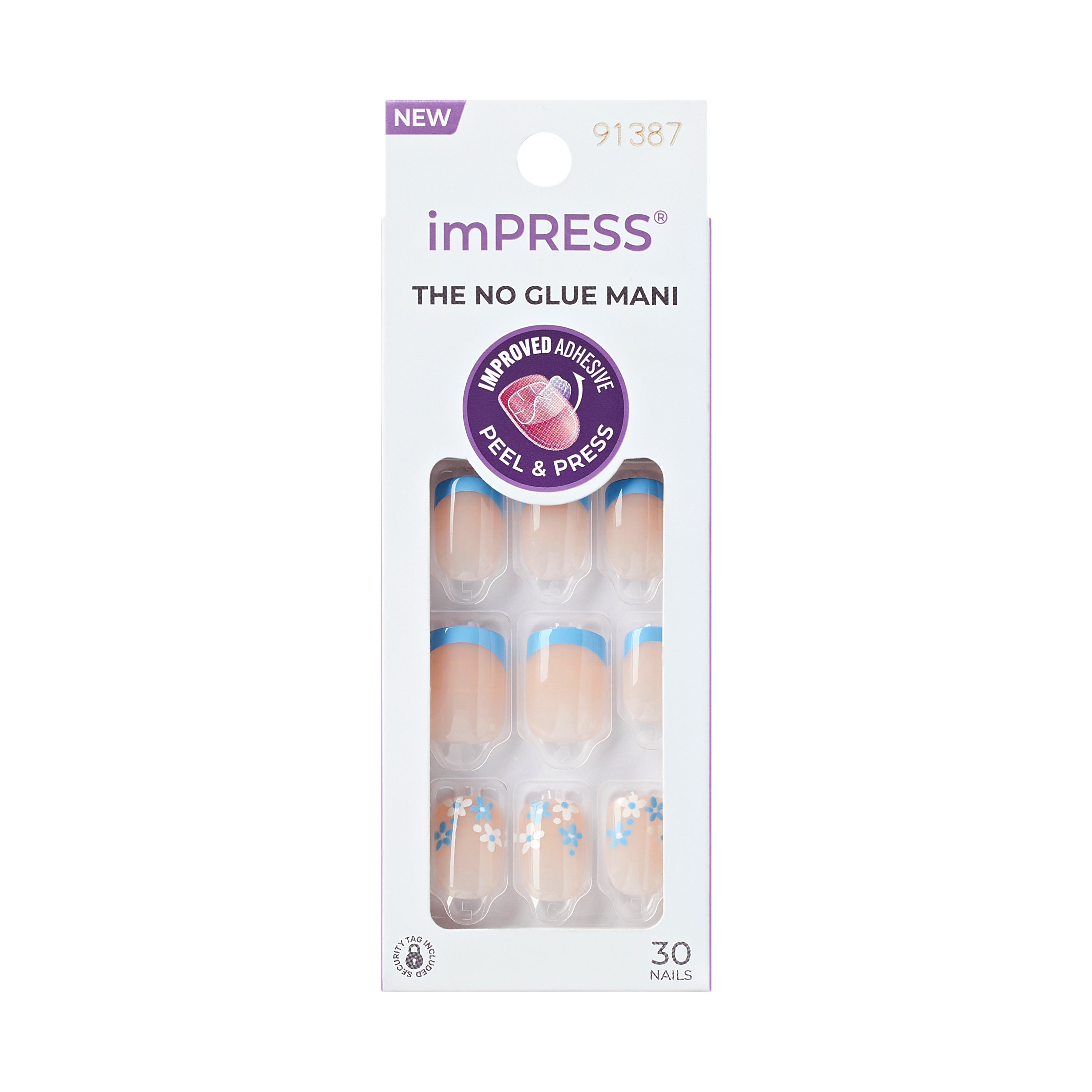 imPRESS Modern French Tip Press On Nails, No Glue Needed, Blue Tips, Short Square, 30 Ct.