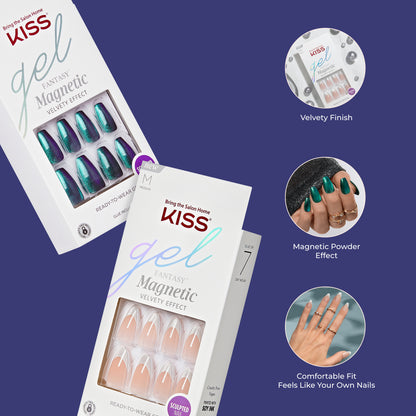 KISS Gel Fantasy Magnetic Press On Nails, Wine Color, Medium Almond, 28 Count