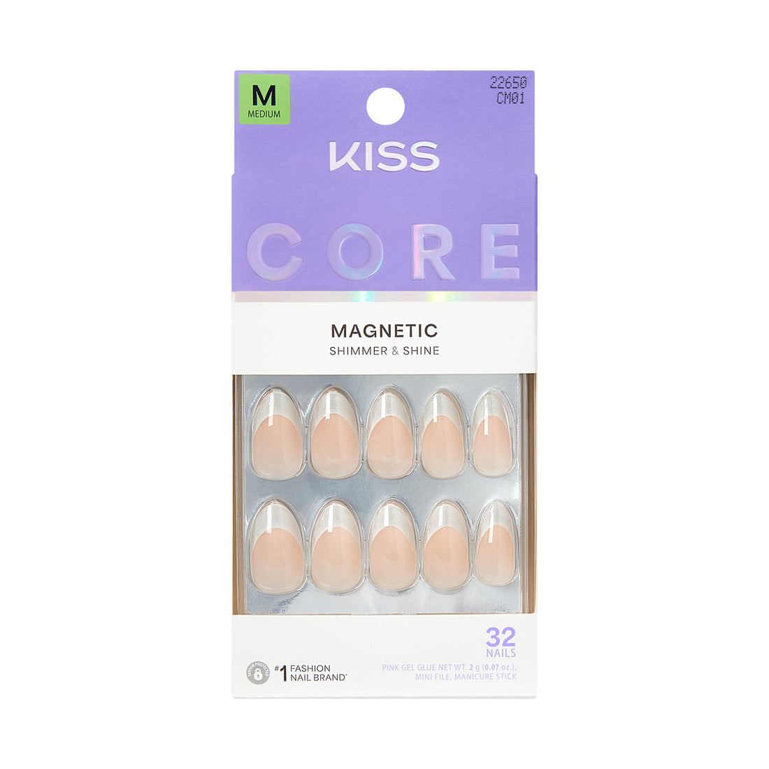 KISS CORE Magnetic Press On Nails Almond, ‘Patchouli’, Silver, Medium Length, 32 Count