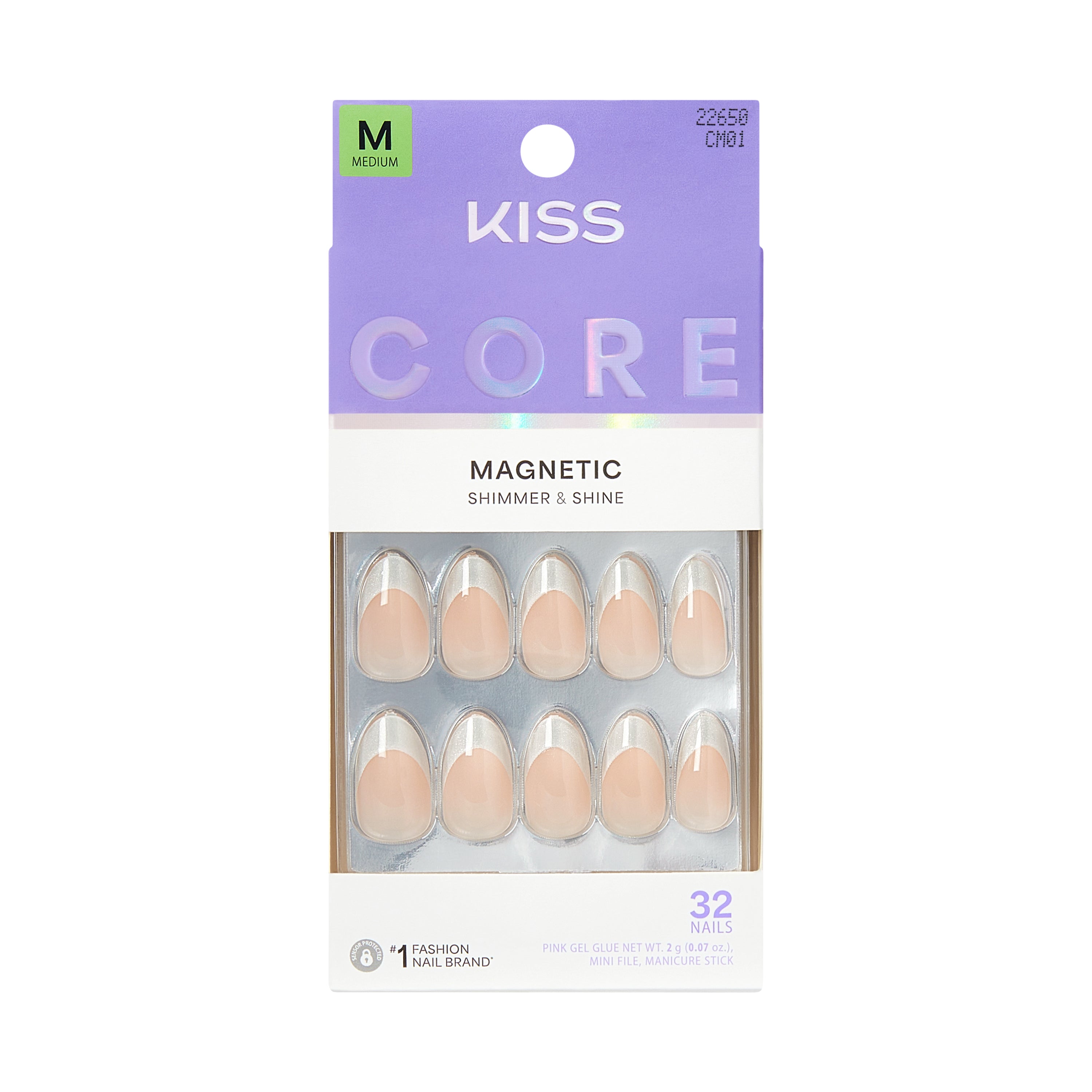 KISS CORE Magnetic Press On Nails Almond, ‘Patchouli’, Silver, Medium Length, 32 Count