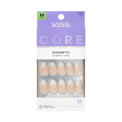 KISS CORE Magnetic Press On Nails Almond, ‘Patchouli’, Silver, Medium Length, 32 Count