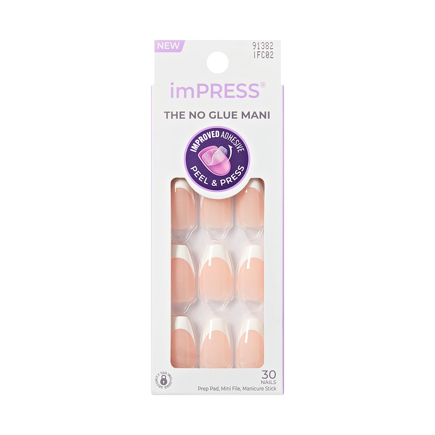 imPRESS Classic French Press On Nails, No Glue Needed, White Tips, Medium Coffin, 30 Ct.