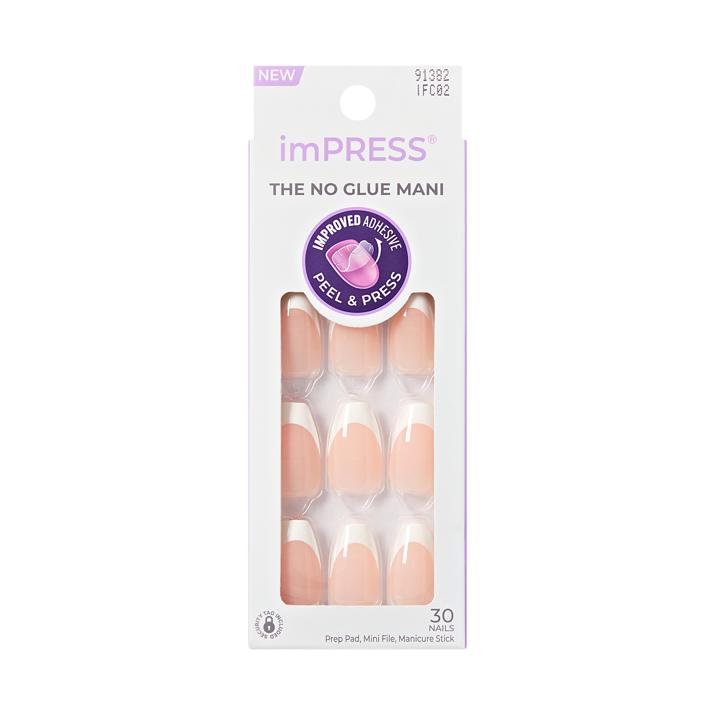 imPRESS Classic French Press On Nails, No Glue Needed, White Tips, Medium Coffin, 30 Ct.