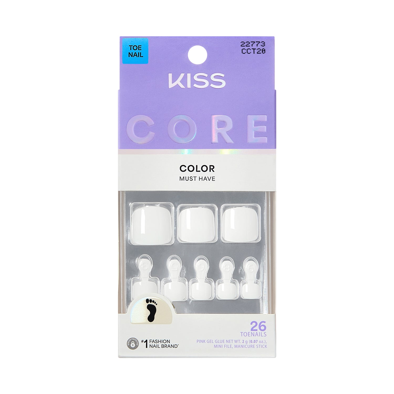 KISS CORE Color Press On Toenails, ‘Toe-tally Yours’, White, 26 Count