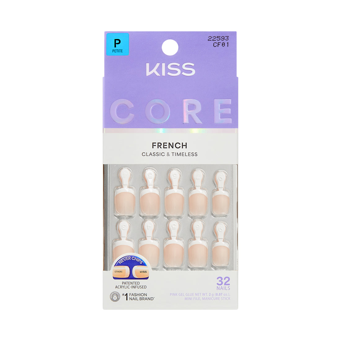 KISS CORE French Tip Press On Nails, ‘Perfection’, White, Petite Squoval, 32 Count