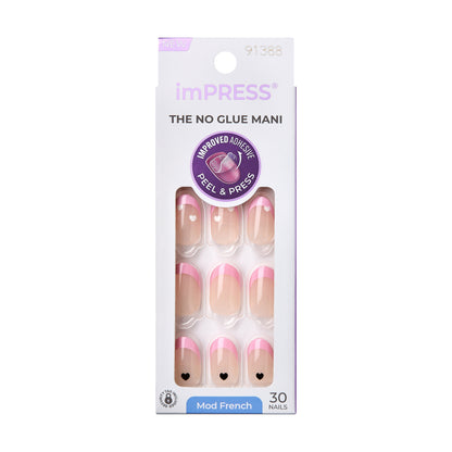 imPRESS Modern French Tip Press On Nails, No Glue Needed, Pink Tips, Short Oval, 30 Ct.